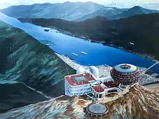 In this concept art, a helicopter prepares to land at a proposed Mount Juneau tramway complex where Chuck Keen envisioned a hotel, restaurant and performance stage. His widow, Karen Keen, says she has the concept art hanging on her wall. (Image courtesy Karen Keen)