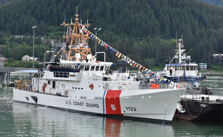 The crew of the Coast Guard Cutter Bailey Barco gathers on deck during the vessel's commissioning ceremony in Juneau on June 14, 2017. The Bailey Barco is the second fast response cutter in Alaska and homeports in Ketchikan.