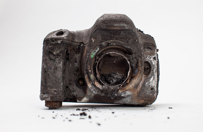 One of Gilkey's cameras, heavily damaged from the attack.