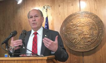 Gov. Bill Walker, an independent, speaks at a press availability shortly after calling the Alaska Legislature into the second special session of the year, June 16, 2017. Walker limited the session to one topic, the operating budget. (Photo by Andrew Kitchenman/KTOO and Alaska Public Media)