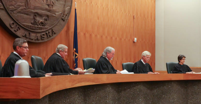 The Alaska Supreme Court hears arguments in the Boney Courthouse in Anchorage on June 20, 2017, in a case that seeks to overturn Gov. Bill Walker's veto of about half of Alaska Permanent Fund dividend money last year. Pictured from left to right: Justices Joel Bolger, Daniel Winfree, Craig Stowers, Peter Maassen and Susan Carney.