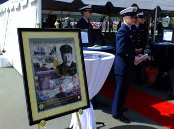 Commemorative poster of Surfman Bailey Barco is put on display during commissioning of the U.S. Coast Guard cutter Bailey Barco in Juneau on June 14, 2017.