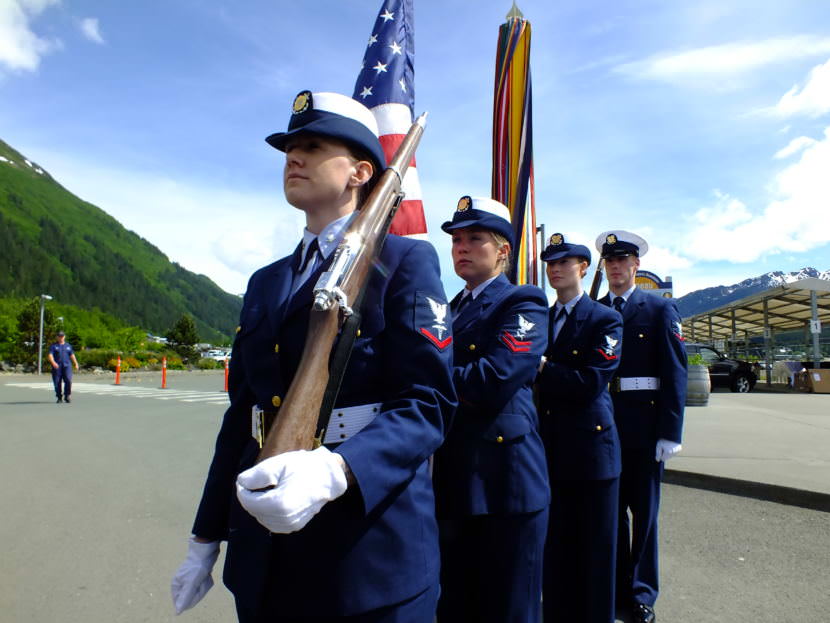 Coast Guard color guard stands ready during commissioning of USCGC Bailey Barco in Juneau June 14, 2017.