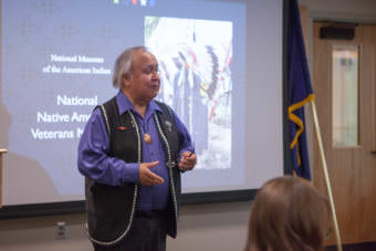 Ozzie Sheakley, commander of Southeast Alaska Native Veterans, welcomes The Smithsonian's National Museum of the American Indian to Southeast Alaska on Monday, June 12, 2017. (Photo courtesy of Sealaska Heritage Institute)