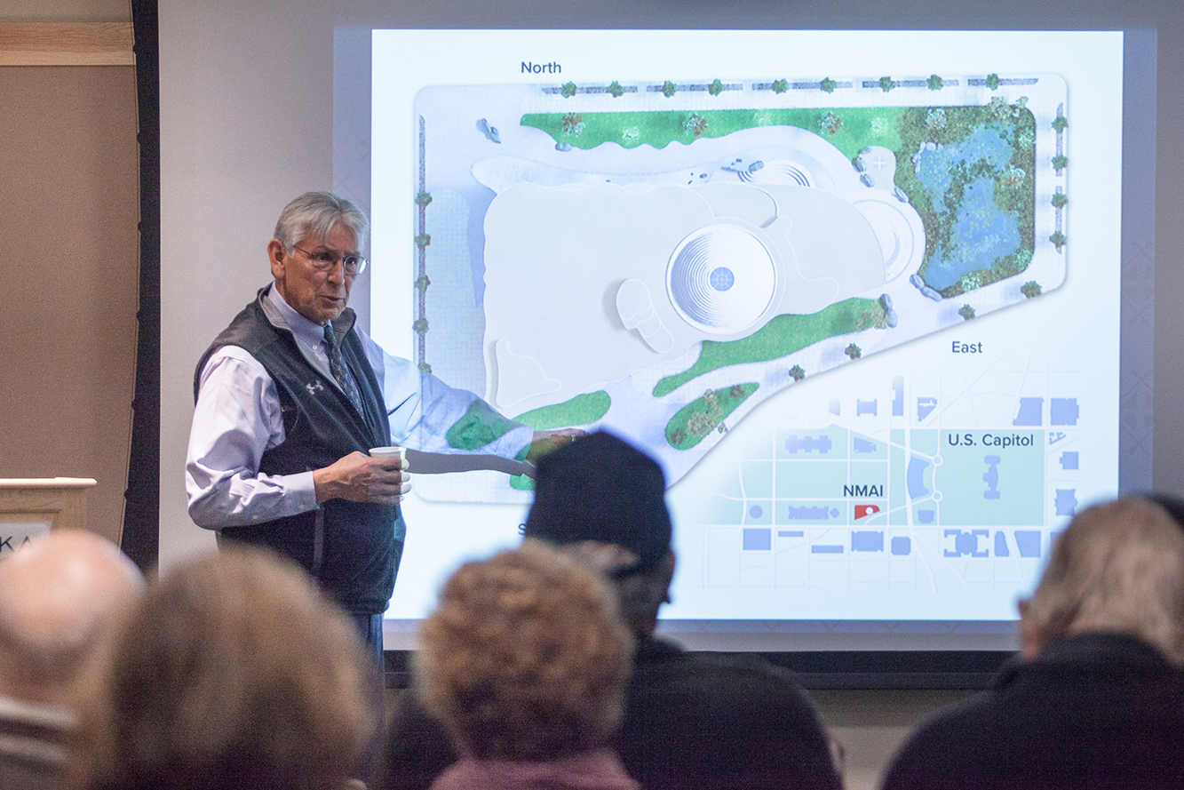 National Museum of the American Indian director Kevin Gover tells community members and area Alaska Native veterans about a proposed national memorial for Native veterans. (Photo courtesy Sealaska Heritage Institute)