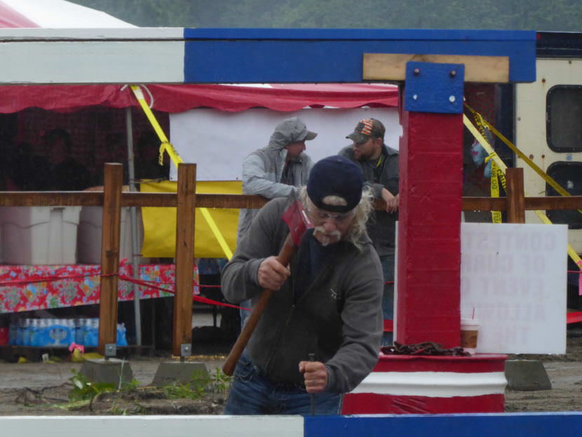 A contestant drives spikes at Juneau Gold Rush Days, Saturday.