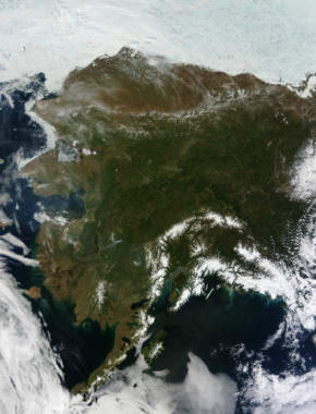 The Moderate Resolution Imaging Spectroradiometer on NASA’s Terra satellite acquired this rare, nearly cloud-free view of Alaska on June 17, 2013. The same ridge of high pressure that cleared Alaska’s skies also brought stifling temperatures to many areas; Cordova, Valdez and Seward were among the towns that set record highs. The high temperatures also helped fuel wildfires and hastened the breakup of sea ice in the Chukchi Sea.