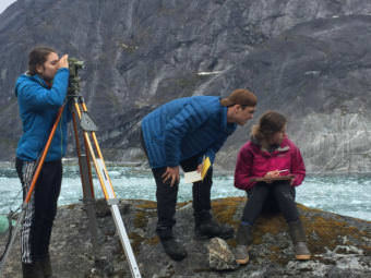 Mariah Taylor, Nathaniel Lenhard and Izabelle Ith survey LeConte Glacier, which is about 25 miles east of Petersburg, on May 11. (Photo courtesy of Jon Kludt-Painter)