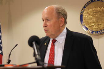 Gov. Bill Walker speaks at a press availability in Anchorage on July 17, 2017. He said he won't call lawmakers back to Juneau unless they make progress. (Photo by Wesley Early/Alaska Public Media)