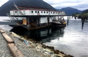 Formerly a heli-logging operation from Dall Island, the Northline barge gets a retrofit in Sitka. The topmost structure — once a helipad — will be used for net storage.