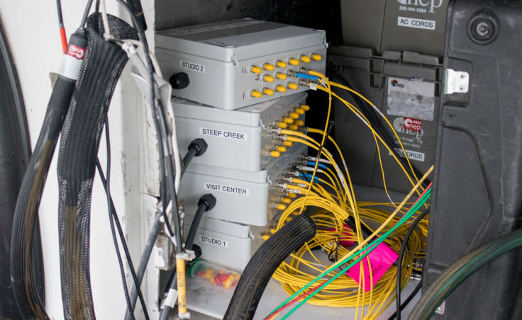 A patch panel connects fiber optic cables from remote camera locations to the central production truck for Wild Alaska Live. (Photo by Mikko Wilson/KTOO)