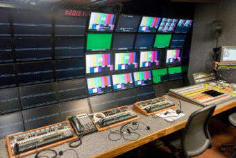 Some of the 400 or so screens in the main production truck on Wild Alaska Live. (Photo by Mikko Wilson/KTOO)