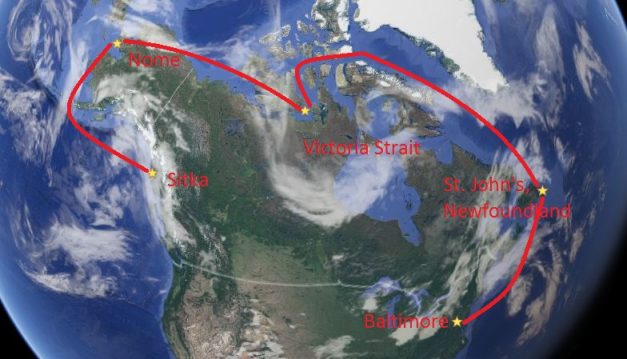 A global chart of the Maple's planned path to Baltimore through the Northwest Passage.