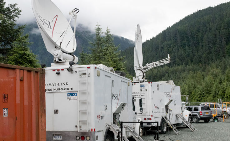 2 satellite trucks provide redundant links from elsewhere in Alaska and out to the world for Wild Alaska Live. (Photo by Mikko Wilson/KTOO)