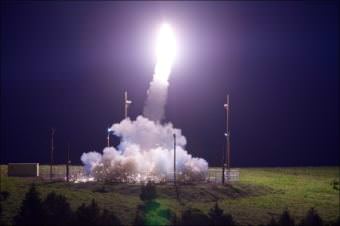 A Terminal High Altitude Area Defense interceptor is launched from the Pacific Spaceport Complex Alaska in Kodiak during flight test on July 11, 2017. The THAAD weapon system successfully intercepted an air-launched intermediate-range ballistic missile target.