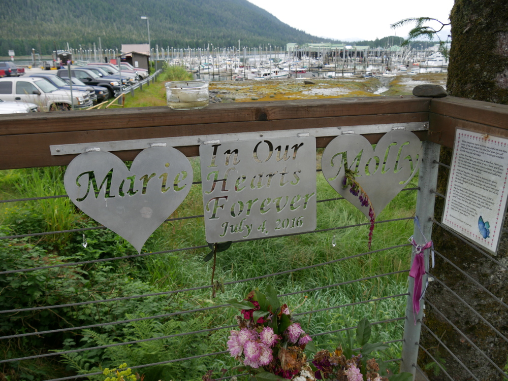 A memorial for Marie Giesbrecht and Molly Parks near the crash site by South Harbor. (Photo by Joe Viechnicki/KFSK)