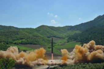 The intercontinental ballistic missile Hwasong-14 is seen during its test launch. (Photo via Korean Central News Agency)