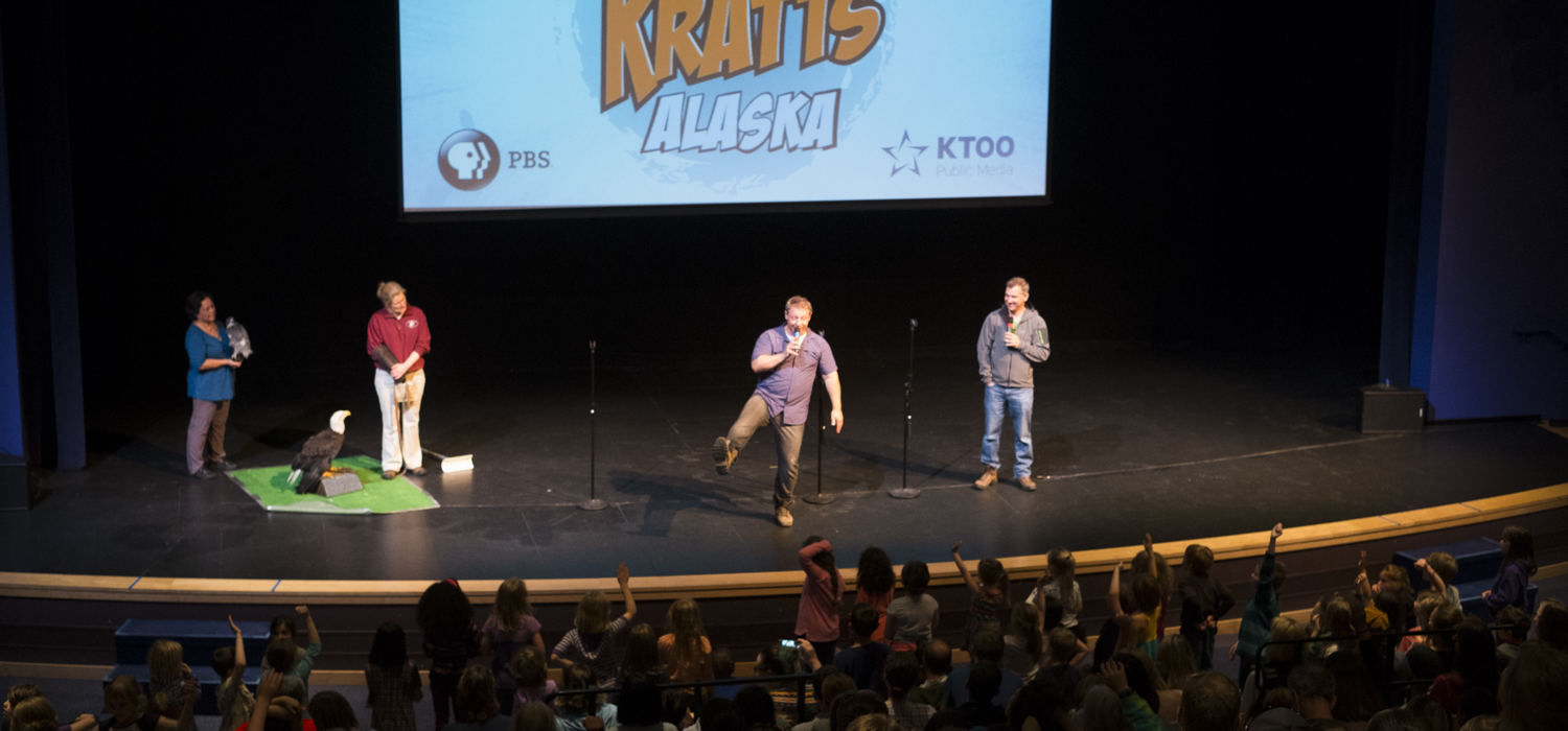 Martin and Chris Kratt share stories at Meet The Kratts, Wild Alaska Live Meet & Greet at Thunder Mountain Auditorium on Thursday July 20, 2017. (Photo by Annie Bartholomew/KTOO)