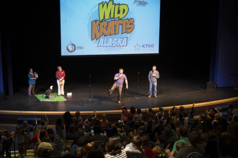 Martin and Chris Kratt share stories at Meet The Kratts, Wild Alaska Live Meet & Greet at Thunder Mountain Auditorium on Thursday July 20, 2017. (Photo by Annie Bartholomew/KTOO)
