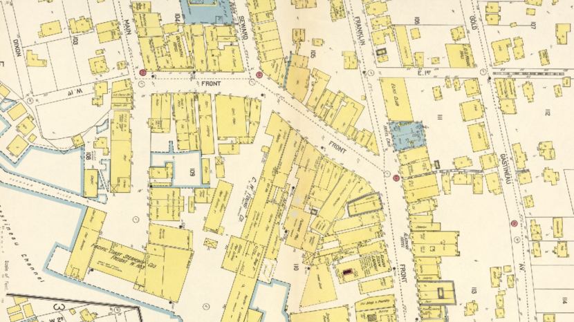 Sanborn fire map of 1914 shows female boarding houses on water side of Lower Front Street (South Franklin). Kate Dulaney and Robert Stroud stayed in Room 12 of the Clark Building which is believed to have been located in that area.