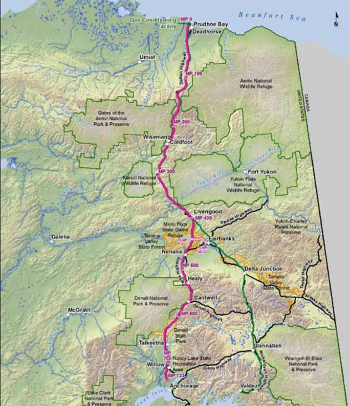 The current route planned for the Alaska Standalone Pipeline -- an in-state natural gas pipeline designed to bring gas from the North Slope to Alaska communities. (Map courtesy of the Alaska Gasline Development Corporation)