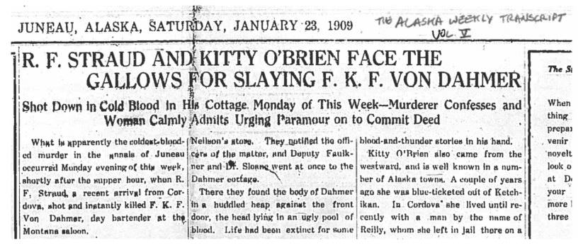 Headline and excerpt of Jan. 23, 1909 article in Alaska Weekly Transcript.
