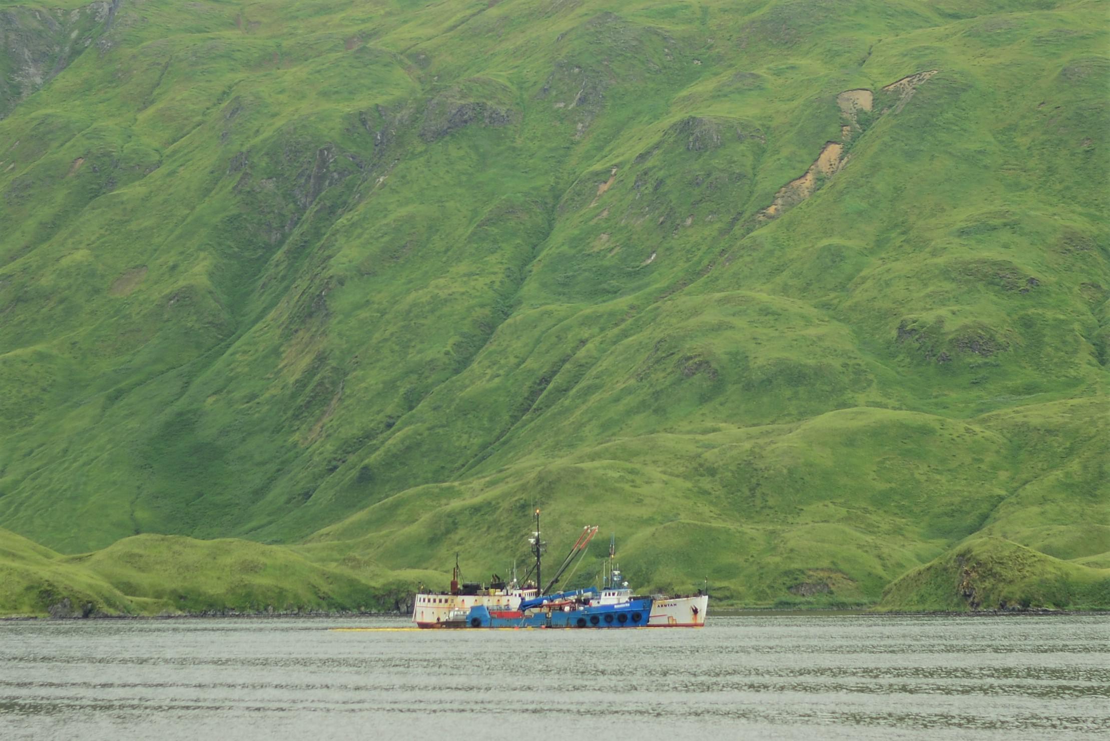 The F/V Akutan is still moored in Unalaska’s Captains Bay. (Photo by Berett Wilber/KUCB)