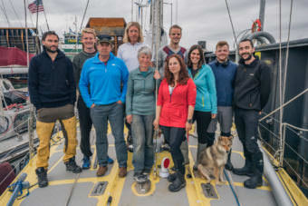 Arctic Mission’s crew hails from Britain, the Netherlands, and the United States. From left to right: Jaap van Rijckevorsel, Tim Gordon, Pen Hadow, Nick Carter, Frances Brann, Heather Bauscher, Erik de Jong, Krystina Scheller, Fukimi, Tegid Cartwright and Conor McDonnell. (Photo courtesy Conor McDonnell)