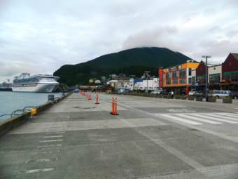 Ketchikan’s Berth 1 and 2, with a ship docked at Berth 3 in the background. (File photo by KRBD file photo)