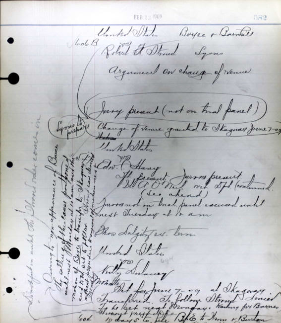In this example of the many court documents found in the state's archives, Robert Stroud's defense attorney and the prosecutor appear in U.S. District Court on Feb. 23, 1909. They argue over changing the trial location to Skagway on June 7, 1909. At the bottom of the page, 'Kitty Dulaney', who was initially charged as an accessory to the murder, has her own case continued to the following Monday.