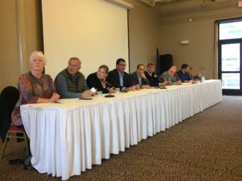 Members of the Alaska House of Representatives, including Kodiak Rep. Louise Stutes, left, address the state budget deficit during a community forum in Kodiak. (Photo by Mitch Borden/KMXT)