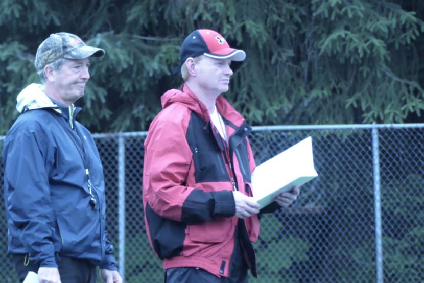 Kevin Hamrick, right, oversees the Crimson Bears practice on July 28, 2017 at Adair Kennedy field.