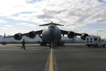 Airmen fuel a C-17 Globemaster III, at Joint Base Elmendorf-Richardson, Alaska, Aug. 28, 2017, preparing to leave for Texas to provide humanitarian support after Hurricane Harvey. The Air National Guard 176th Wing sent personnel from the 212th Rescue Squadron to provide search-and-rescue, and support aeromedical evacuation and humanitarian relief. (U.S Air Force photo by Airman 1st Class Christopher R. Morales)