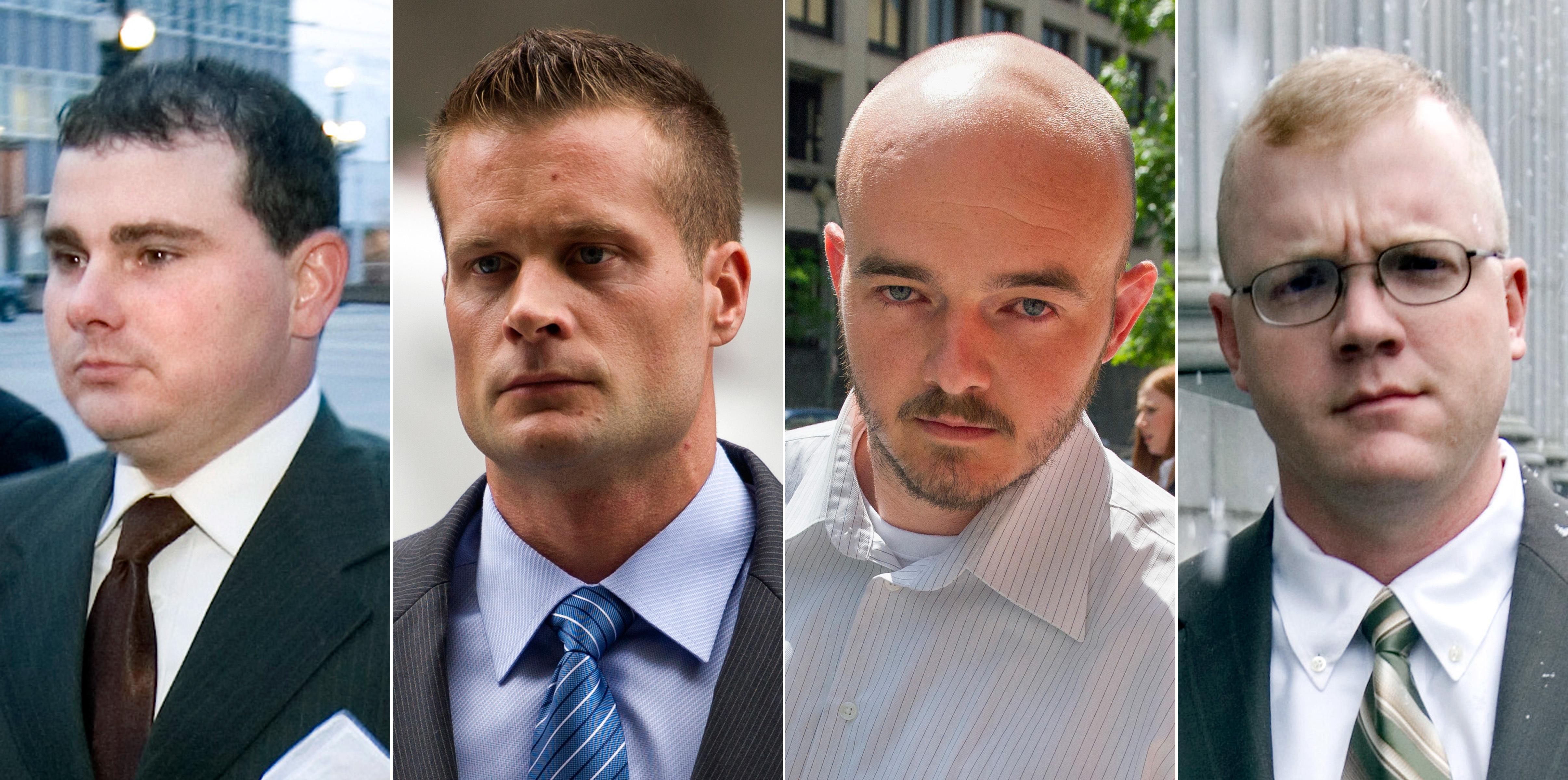 This composite photo shows former Blackwater guards Dustin Heard (from left), Evan Liberty, Nicholas Slatten and Paul Slough. A federal appeals court has thrown out a murder conviction against Slatten and ordered resentencing of the other three men.