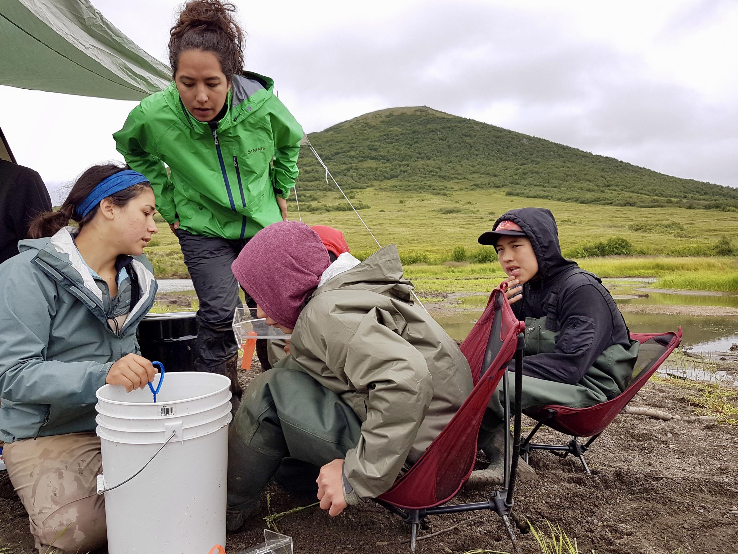 Orutsaramiut Native Council partner fisheries biologist Janessa Esquible helps campers identify juvenile salmon. (Photo by Christine Trudeau/KYUK)