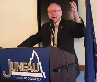 State Sen. Dennis Egan, D-Juneau, speaks at the Juneau Chamber of Commerce, Aug. 3, 2017. (Photo by Andrew Kitchenman/KTOO)