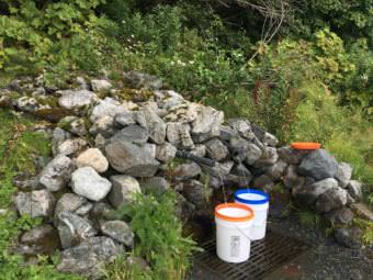 A Haines resident fills up buckets of water at the Mud Bay spring to use for drinking and cleaning. (Photo by Abbey Collins/KHNS)