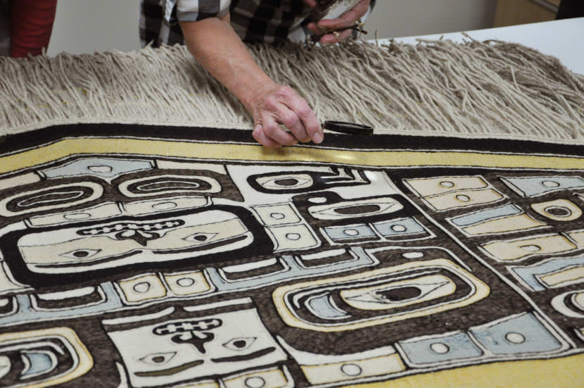 A 100-year-old Chilkat robe will be the guest of honor at a homecoming ceremony Saturday, August 26, 2017, in the Walter Soboleff Building. (photo by Davina Cole/Used with permission from Sealaska Heritage Institute)