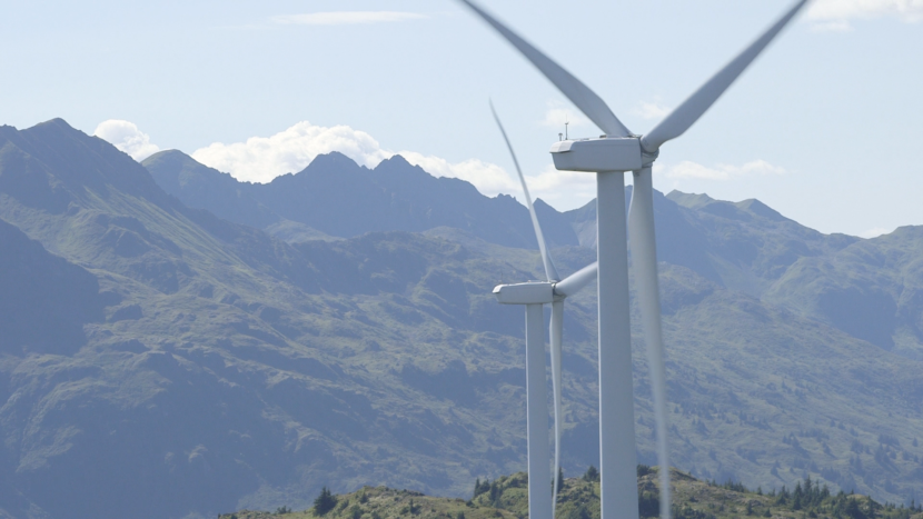 Kodiak generates about 20 percent of its electricity from wind. The Kodiak Electric Association has installed six turbines on Pillar Mountain since 2009. (Photo by Eric Keto/Alaska's Energy Desk)