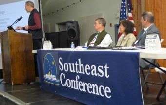 Jim Calvin of the McDowelll Group speaks as part of a panel on reforming the Alaska Marine Highway System Sept. 19, 2017, in Haines. (Photo by Ed Schoenfeld/CoastAlaska News)