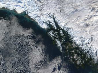 NASA satellite imagery shows Southeast Alaska in true color on Nov. 24, 2001.