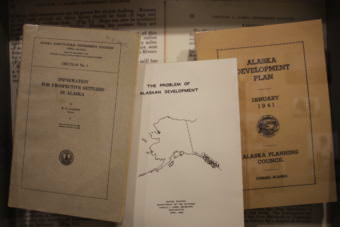 Pamphlets outlining the plan to bring European Jewish refugees to Alaska to develop industry.(Photo by Henry Leasia/Alaska Public Media)