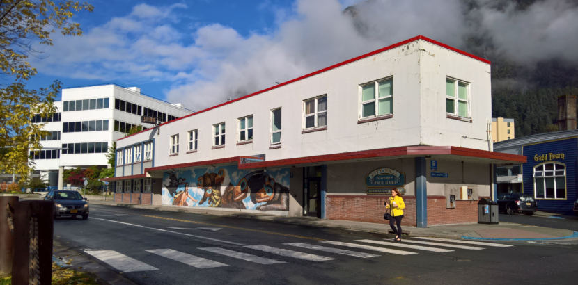 A woman crosses Marine Way in front of Juneau City Hall on Sept. 25, 2017. (Photo by Jeremy Hsieh/KTOO)