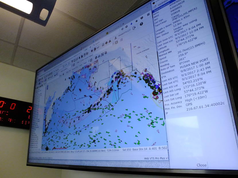 Every different colored triangle represents a vessel equipped with Automatic Identification System or AIS that can be tracked by Marine Exchange of Alaska.