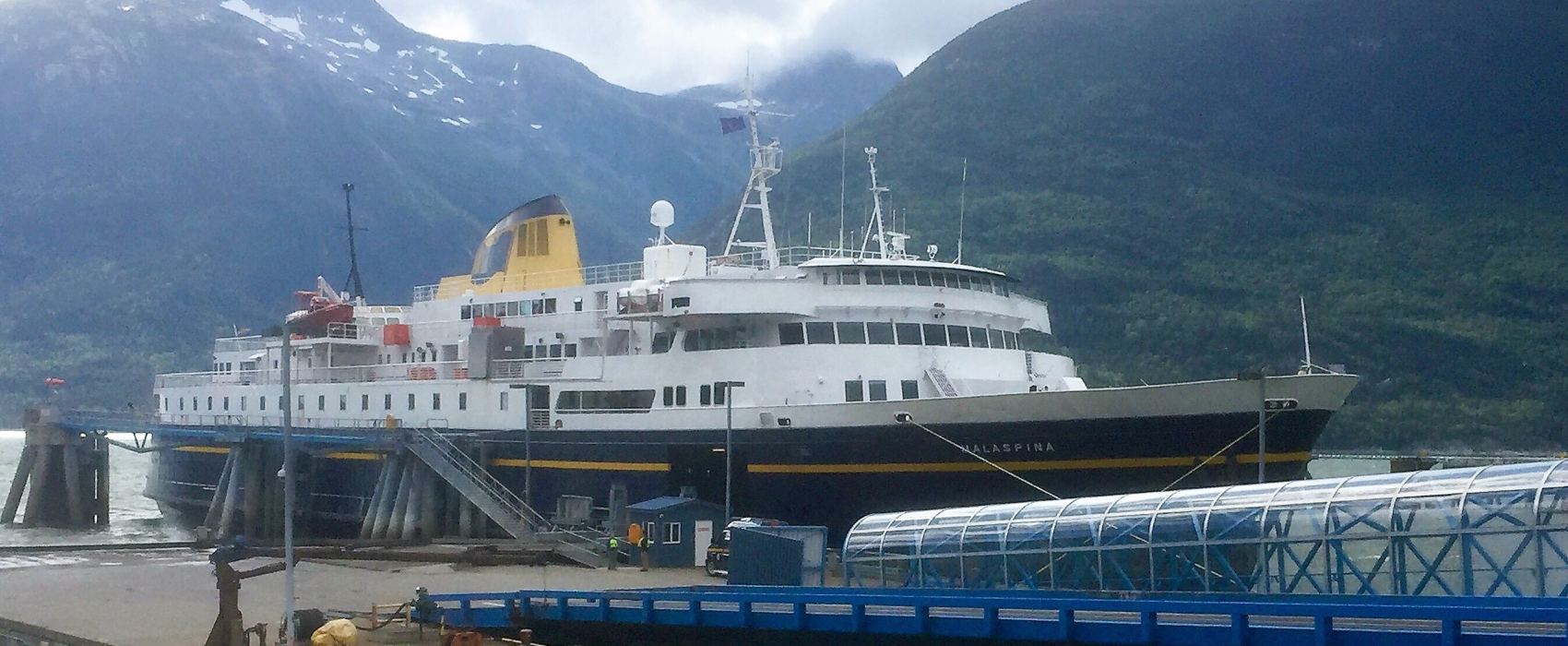 The ferry Malaspina docks in Skagway Aug. 25, 2017. The Alaska Marine Highway is being studied as part of a reform effort, which will be discussed at the Southeast Conference meeting Sept. 19-21 in Haines. (Photo by Ed Schoenfeld/CoastAlaska News)