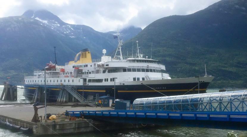 The ferry Malaspina docks in Skagway Aug. 25, 2017. The Alaska Marine Highway is being studied as part of a reform effort, which will be discussed at the Southeast Conference meeting Sept. 19-21 in Haines. (Photo by Ed Schoenfeld/CoastAlaska News)