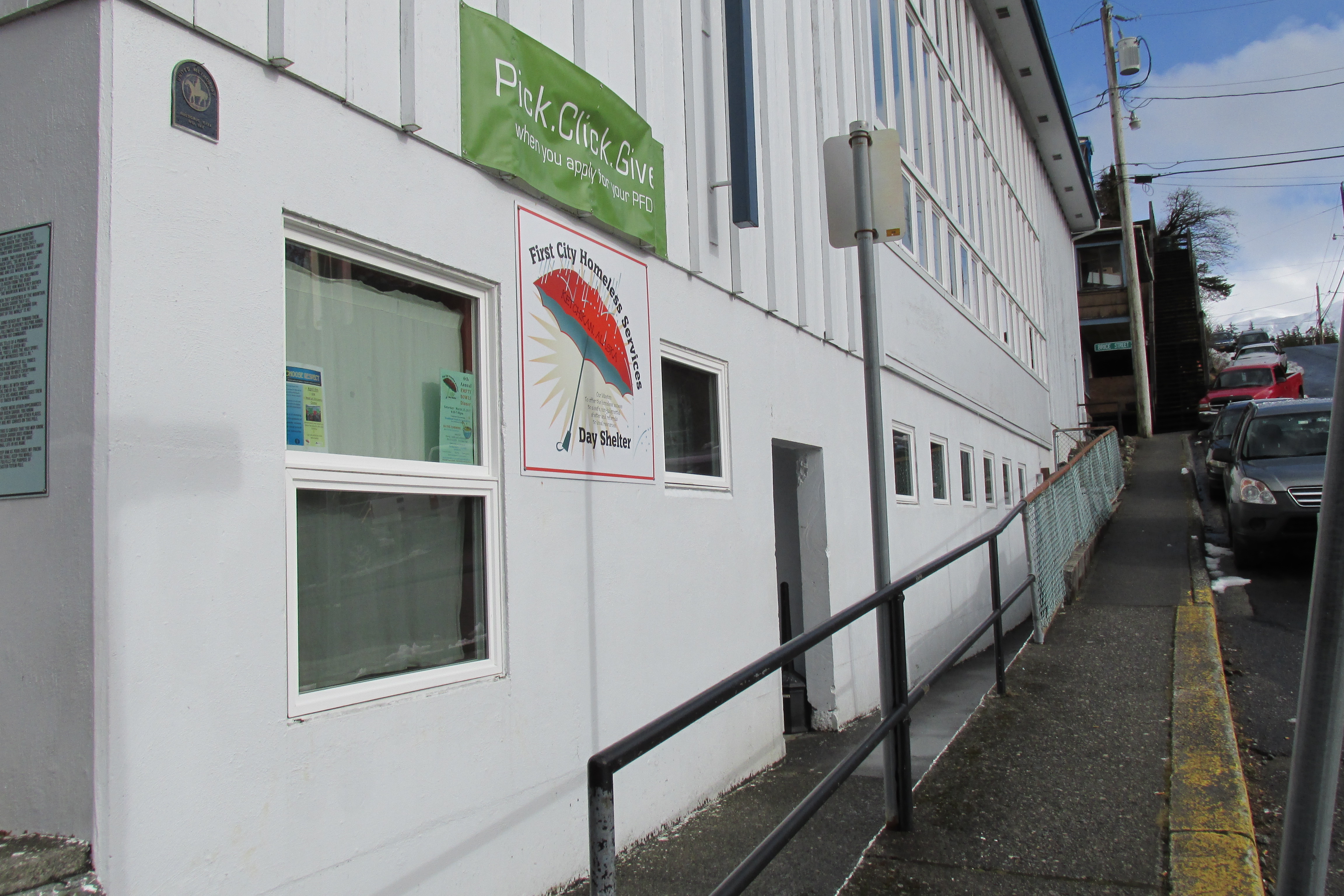 The entrance to the First City Homeless Services Day Shelter is seen this spring. The organization is working with the Salvation Army to open a separate night shelter. (File photo by KRBD)