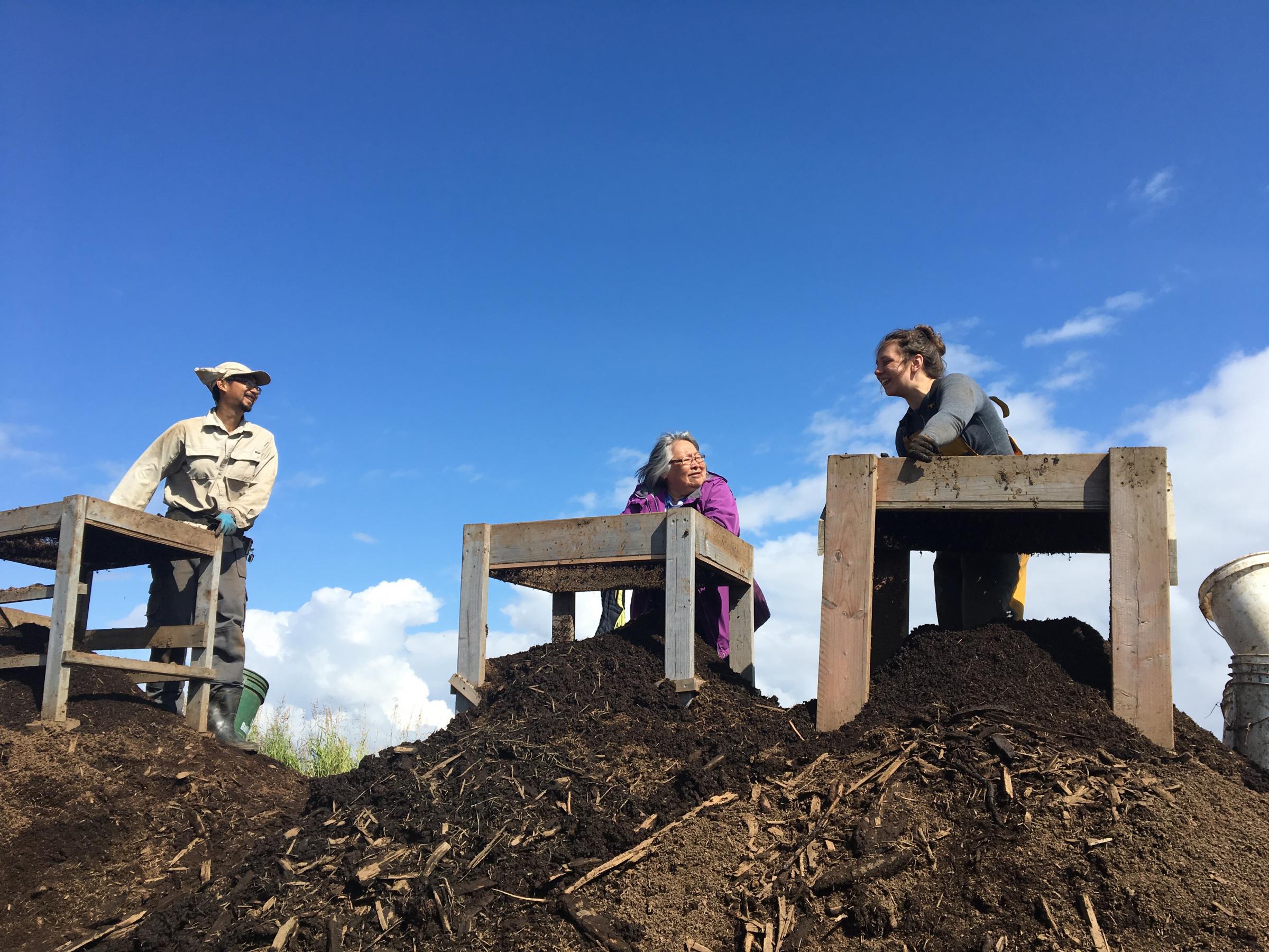Doctoral student Jonathan Lim, left, and elder Mary Beaver laugh with another volunteer at the dig site. Quinhagak residents made several table-screens for the dig, which help volunteers sift through the soil for ancient bits of hair and bone. (Photo by Teresa Cotsirilos/KYUK)