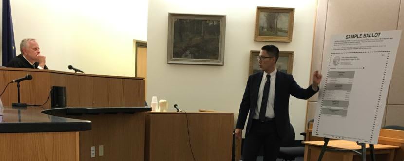 Superior Court Judge Philip Pallenberg observes Jon Choate, lawyer for the Alaska Democratic Party, on Sept. 21, 2017. Pallenberg heard oral arguments over whether the party can allow independents to run in party primaries. (Photo by Andrew Kitchenman/KTOO)