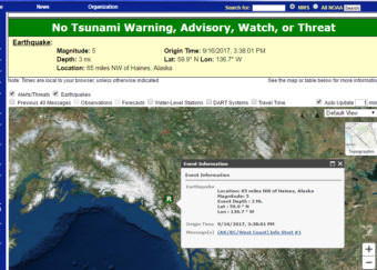 A screen capture from the National Weather Service website shows where a 5.0-magnitude earthquake struck on Saturday, Sept. 16, 2017. The National Tsunami Warning Center in Palmer said it wouldn't trigger a tsunami.